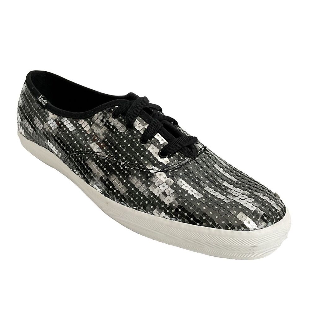 New Keds All Over Sequin Lace-up Sneakers Black Silver-tone 9